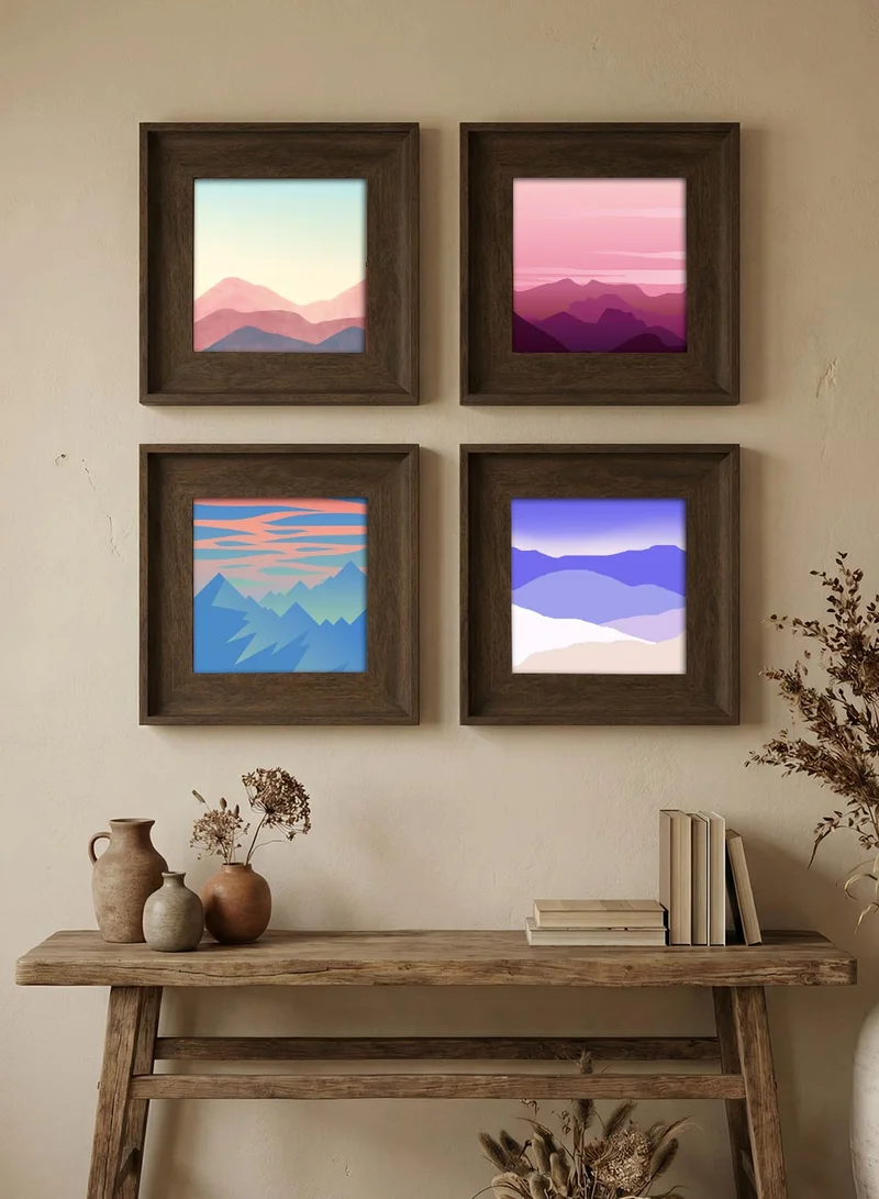 LOWHA Set of 4 Canvas Wall Art Stretched Over Wooden Frame with Vintage Brown Floating Frame and Soft Horizon Design